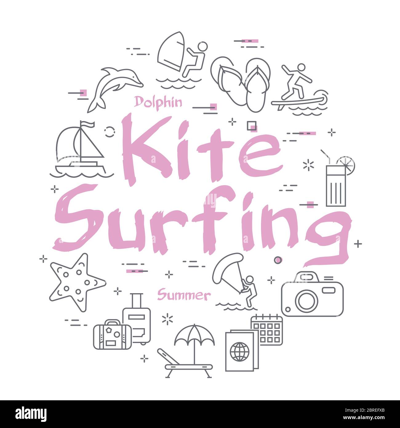 Texte rose Kite surf avec icônes linéaires de l'heure d'été Illustration de Vecteur