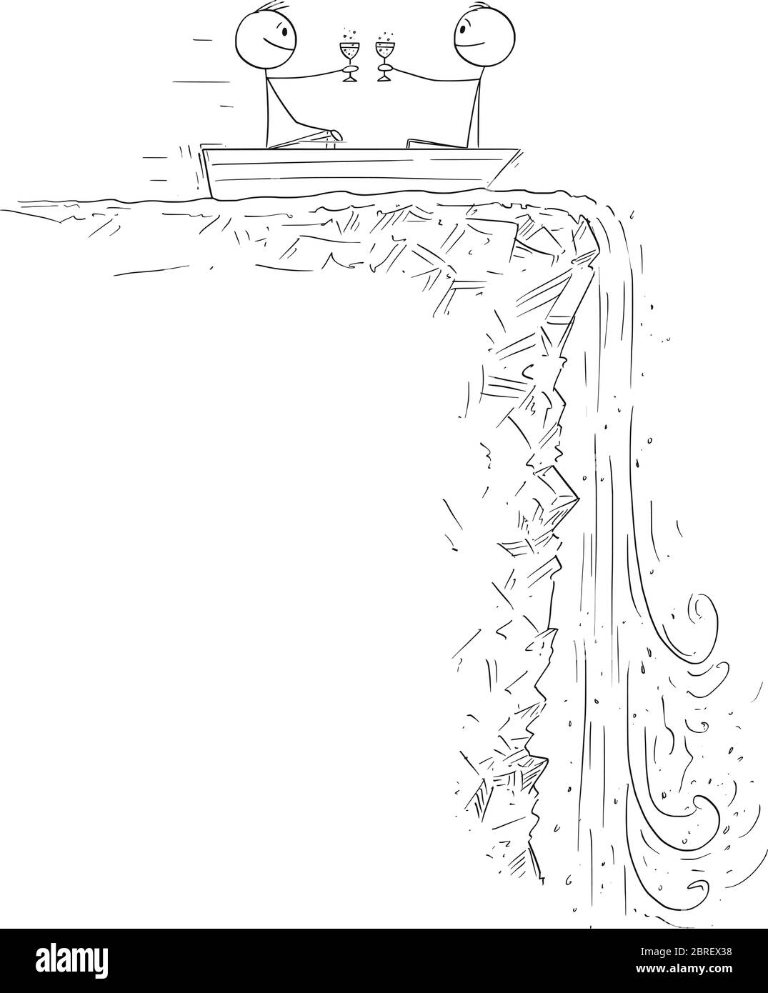 Dessin vectoriel de dessin de dessin de dessin de dessin conceptuel illustration de deux hommes ou hommes d'affaires sur barque ou bateau à ramer célébrant et approchant de la cascade. Concept de crise financière et de dépression. Illustration de Vecteur