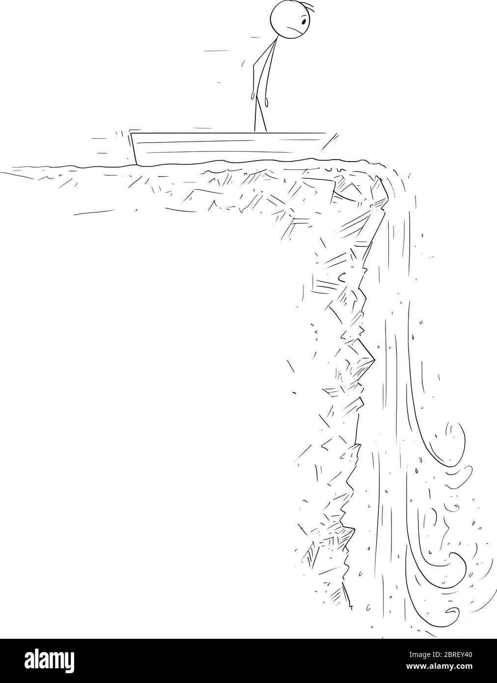 Dessin vectoriel de dessin de dessin de dessin de dessin conceptuel de l'homme ou de l'homme d'affaires sur barque ou bateau à ramer approchant de la cascade. Concept de crise financière et de dépression. Illustration de Vecteur