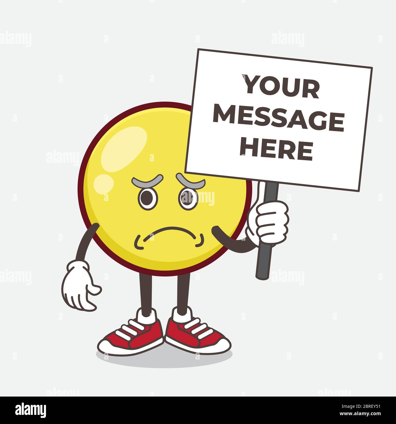 Illustration du personnage de mascotte de dessin animé de Yellow ball Emoticon avec un visage sans gaieté et un tableau de message Illustration de Vecteur