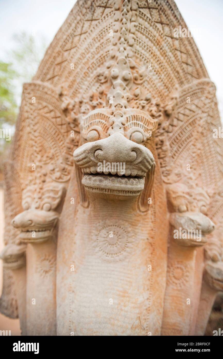 Gros plan du serpent à cinq têtes à Beng Mealea. Angkor, site du patrimoine mondial de l'UNESCO, province de Siem Reap, Cambodge, Asie du Sud-est Banque D'Images