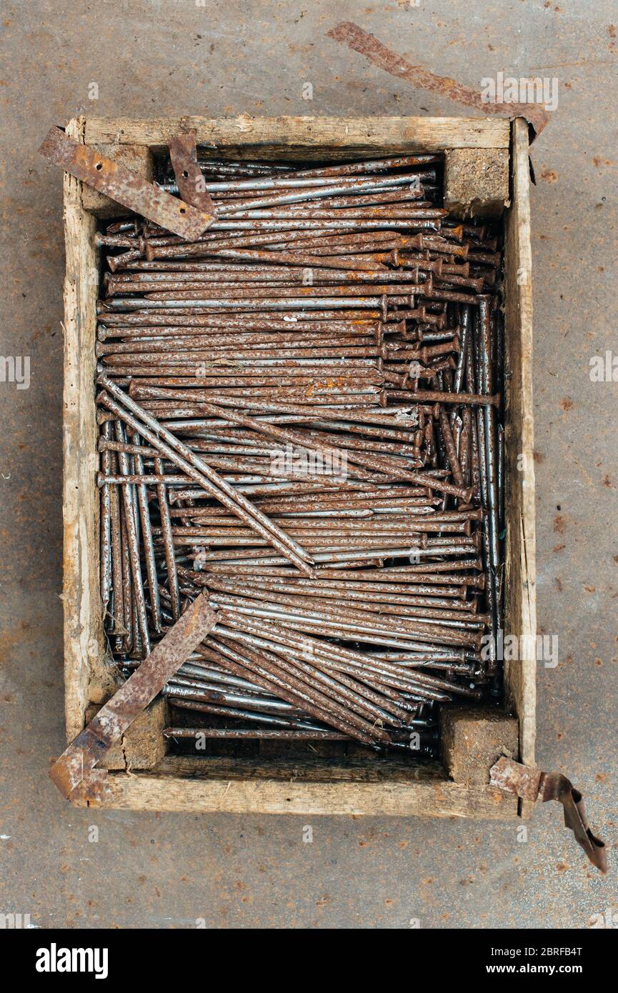 Ferraille. Boîte avec clous rouillés anciens. Gros plan. Macro. Banque D'Images