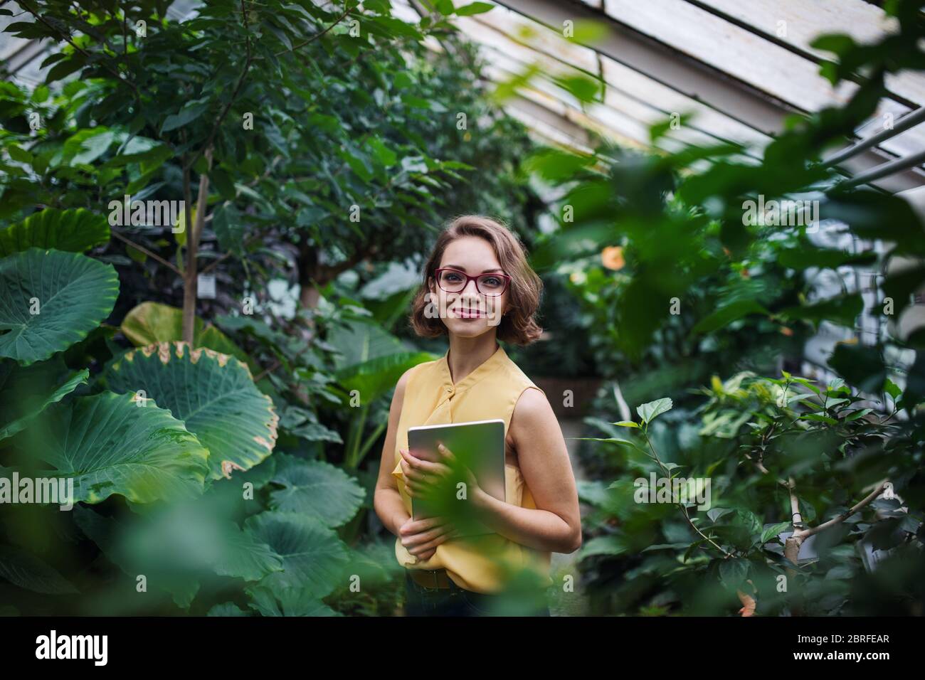 Jeune femme avec une tablette dans le jardin botanique. Copier l'espace. Banque D'Images