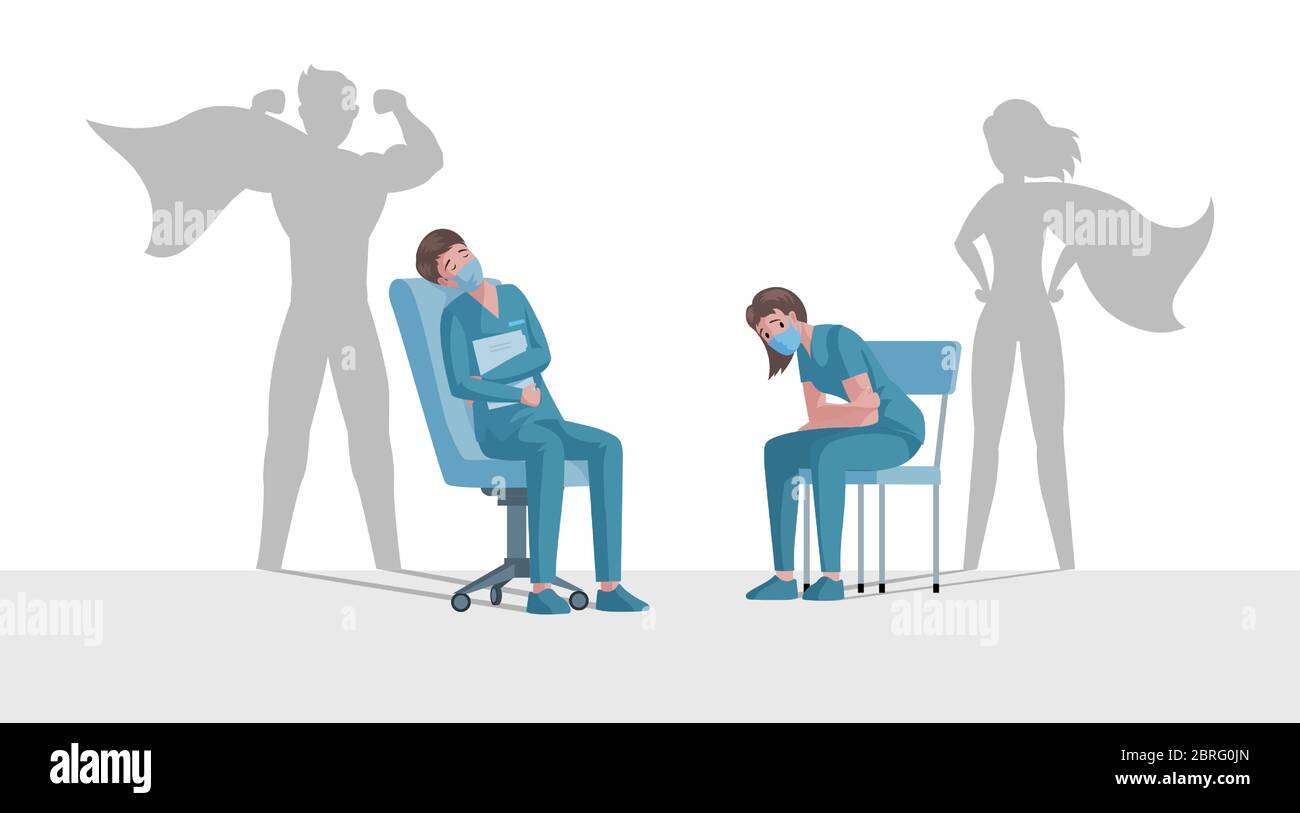Fatigué surtravaillé médecin et infirmière en uniforme avec superhéros ombres vecteur dessin animé plat illustration. Les travailleurs médicaux épuisés dans des masques protecteurs se reposent après le travail pendant l'éclosion du coronavirus. Illustration de Vecteur
