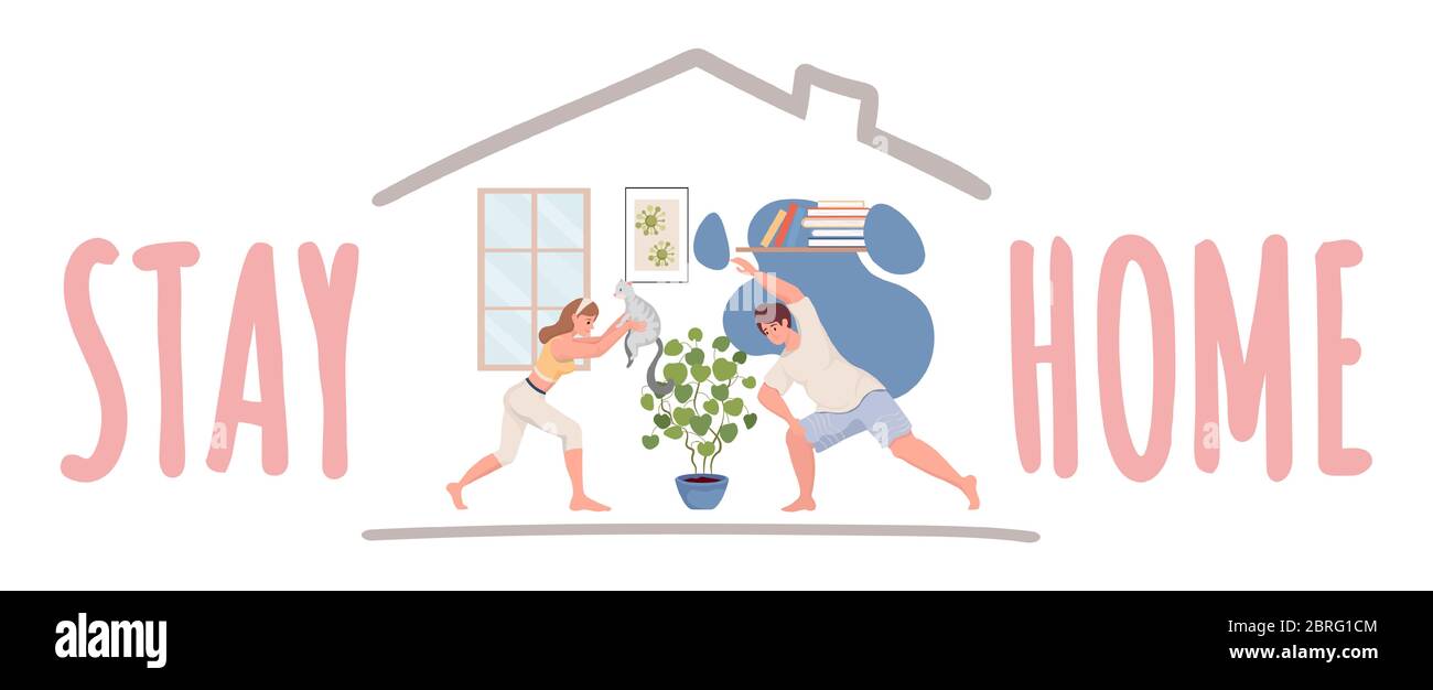 Modèle d'affiche « rester à la maison ». Jeune couple faisant l'entraînement avec leur dessin animé plat vecteur animal. Pratiquer la forme physique et le yoga en quarantaine pendant la conception de la bannière d'épidémie de coronavirus. Illustration de Vecteur