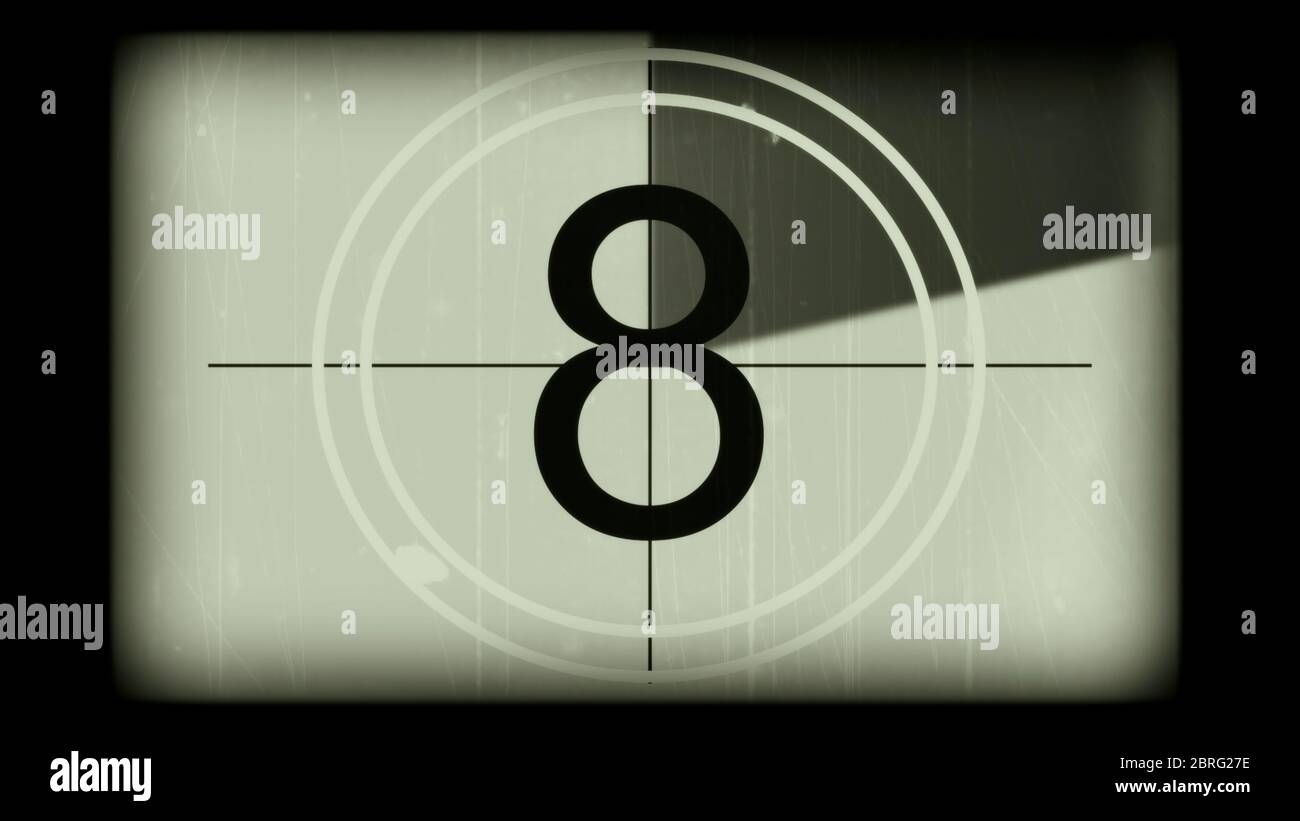 Rendu 3D d'un leader de film à compte à rebours universel monochrome. Compte à rebours de 10 à 0. Effet de l'ancien film roulant avec des détails, des rayures, des lignes, Banque D'Images