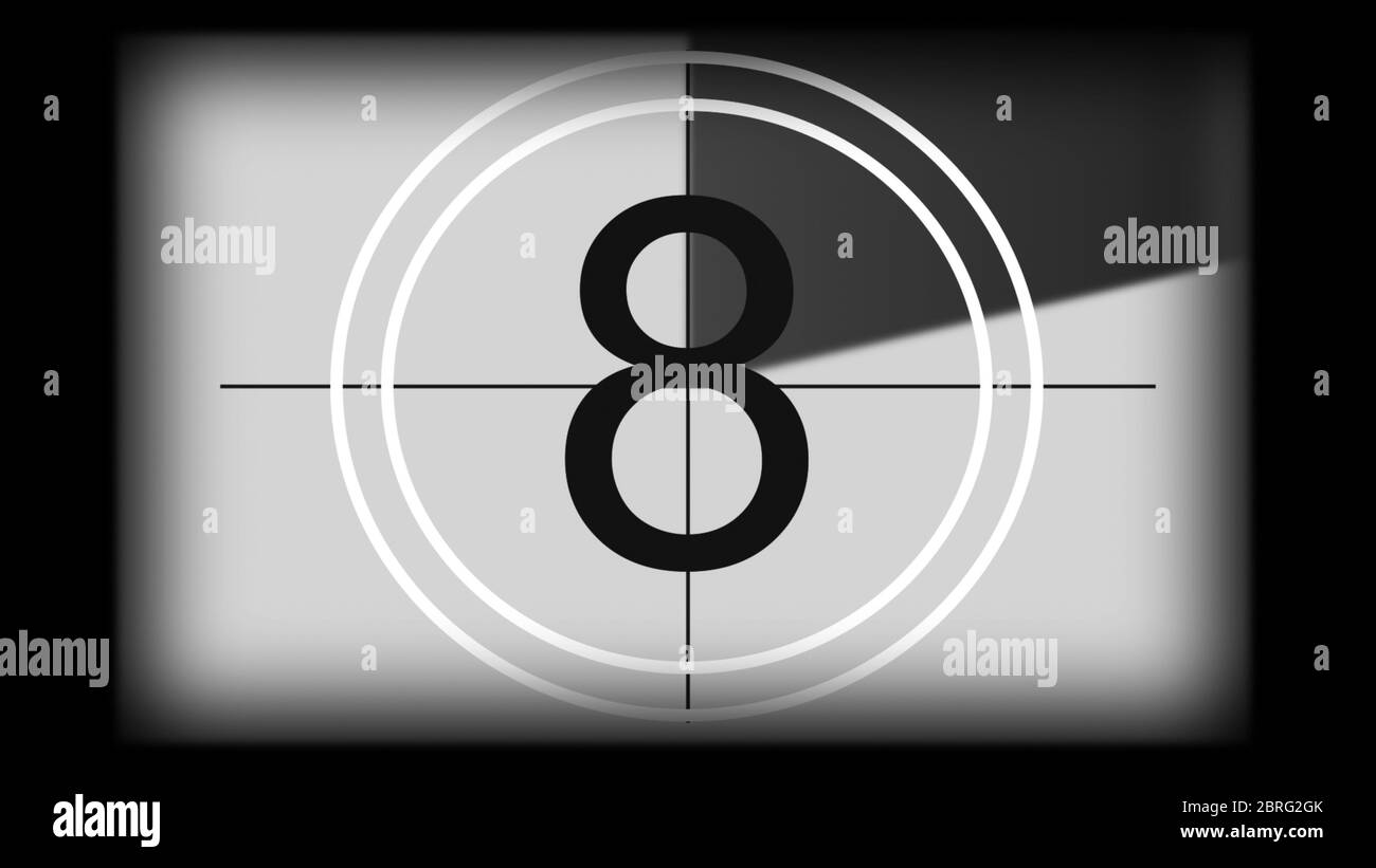 Rendu 3D d'un leader de film à compte à rebours universel monochrome. Compte à rebours de 10 à 0. Élément design du cinéma ancien Banque D'Images