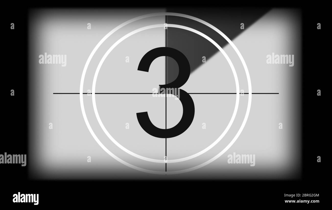 Rendu 3D d'un leader de film à compte à rebours universel monochrome. Compte à rebours de 10 à 0. Élément design du cinéma ancien Banque D'Images