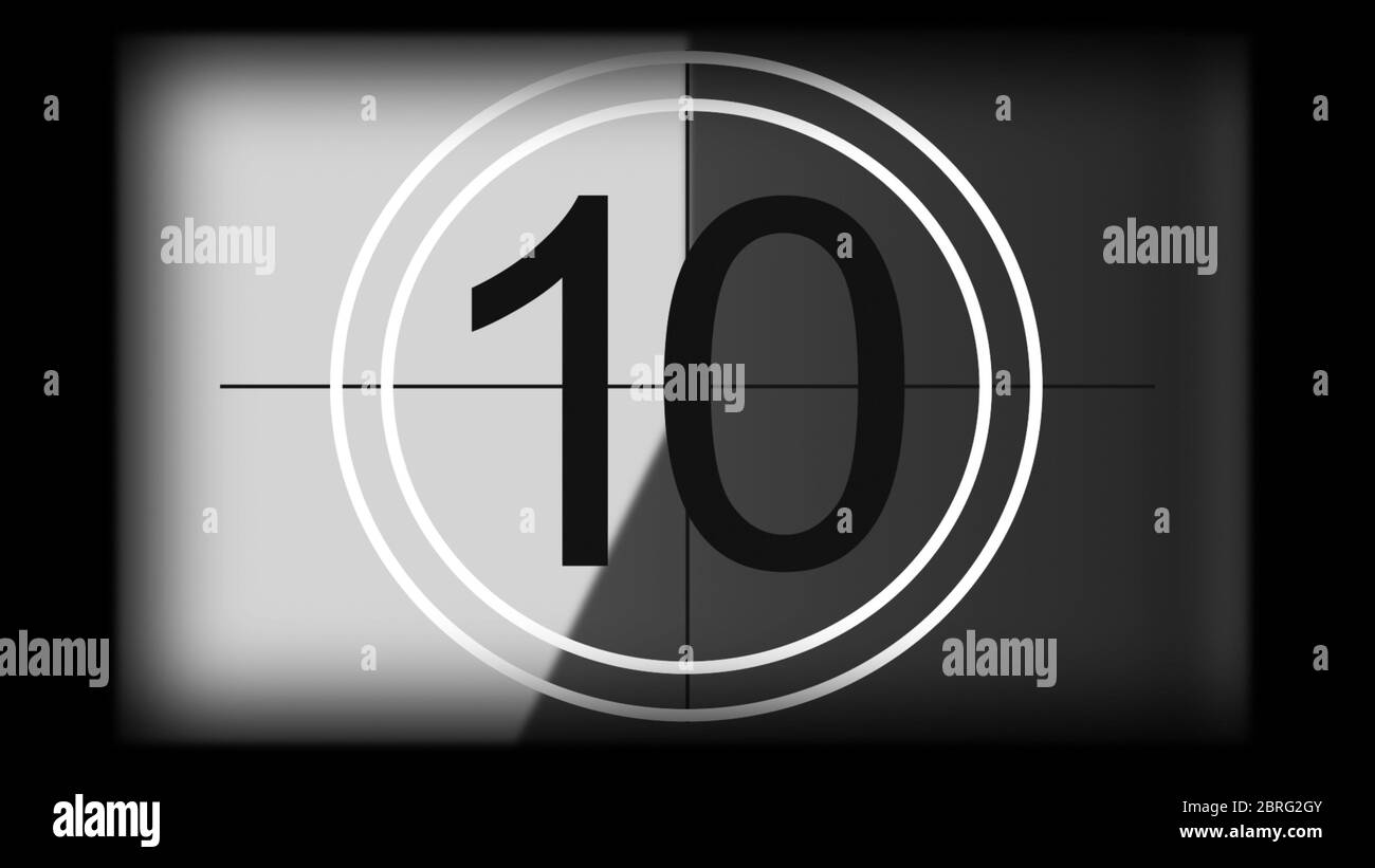 Rendu 3D d'un leader de film à compte à rebours universel monochrome. Compte à rebours de 10 à 0. Élément design du cinéma ancien Banque D'Images