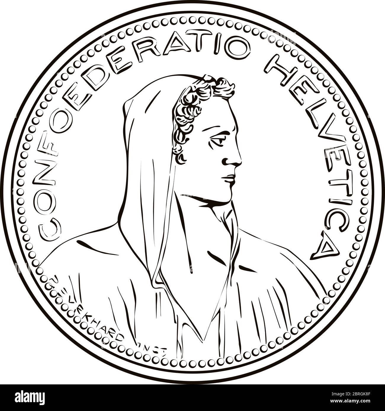 Croquis noir et blanc de pièce de 5 francs suisses de l'Overset avec un hérhomme de montagne et légende CONFOEDERATIO HELVETICA, pièce de monnaie en Suisse et au Liechtenstein Illustration de Vecteur