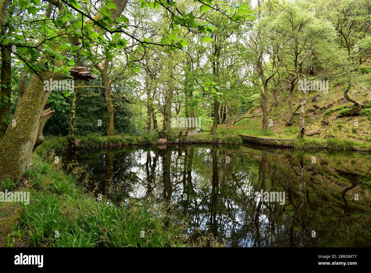 L'ancien étang de moulin et l'engrenage de la neige qui a servi à fournir de l'eau pour les usines de textile maintenant longtemps disparues. Banque D'Images