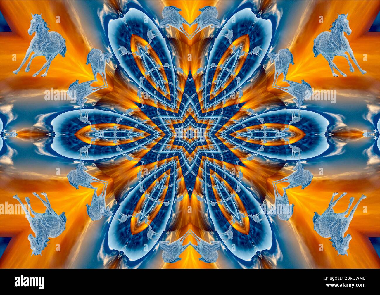 Magnifique mandalas à chevaux à l'esprit bleu et orange. Banque D'Images