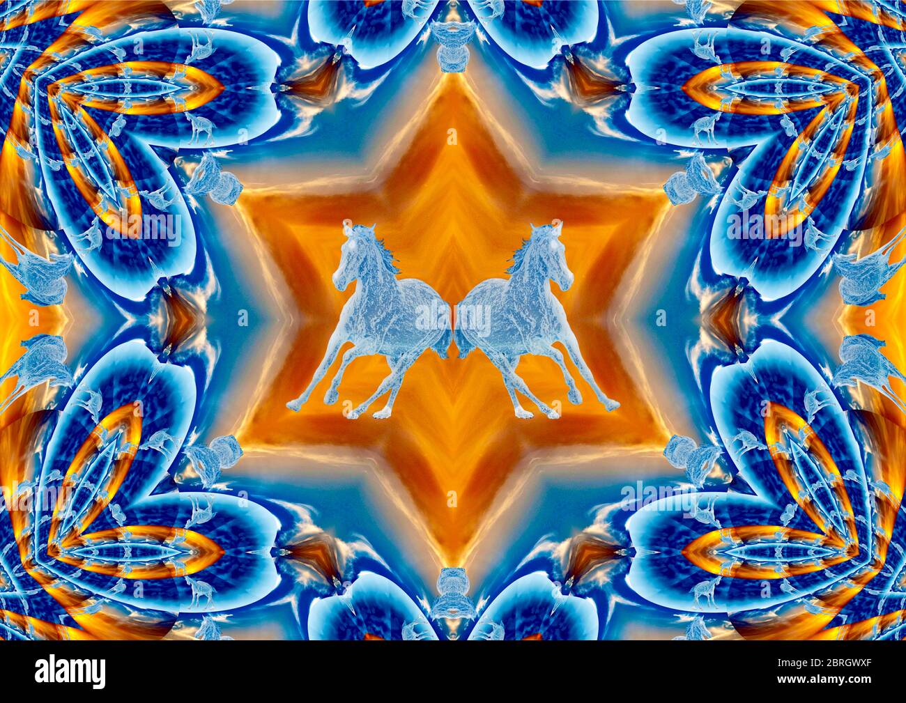 Magnifique mandalas à chevaux à l'esprit bleu et orange. Banque D'Images
