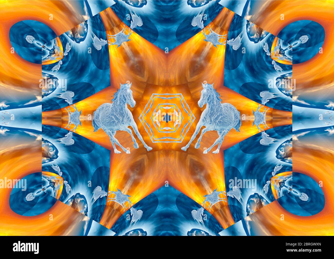 Magnifique mandalas à chevaux à l'esprit bleu et orange. Banque D'Images