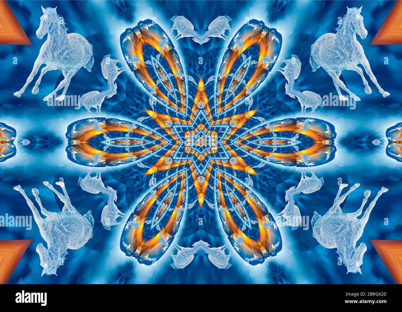 Magnifique mandalas à chevaux à l'esprit bleu et orange. Banque D'Images