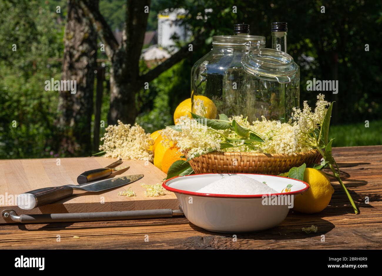 Les fleurs de sureau et autres ingrédients ainsi que les ustensiles de cuisine pour une liqueur de sureau maison sont sur une table en bois dans le jardin Banque D'Images