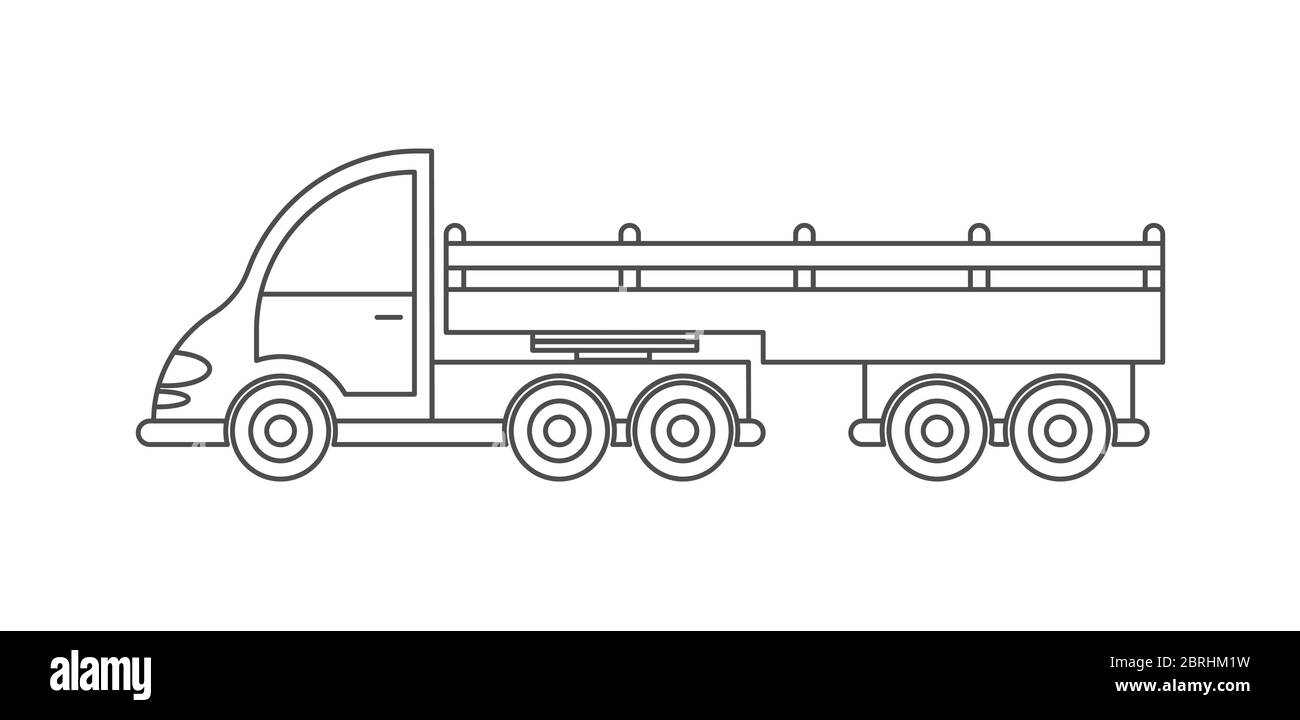 Icône vectorielle d'un tracteur avec remorque. Conception simple, contour vide isolé sur fond blanc. Conception de livres à colorier, de sites Web et d'applications Illustration de Vecteur