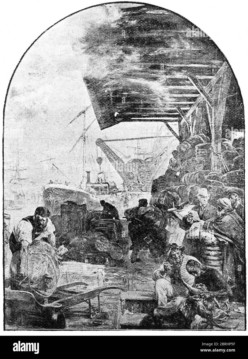 L'expédition de la locomotive sur un quai dans le port de Hambourg par le peintre allemand Paul Meyerheim. Allemagne. Illustration du XIXe siècle. Fond blanc. Banque D'Images