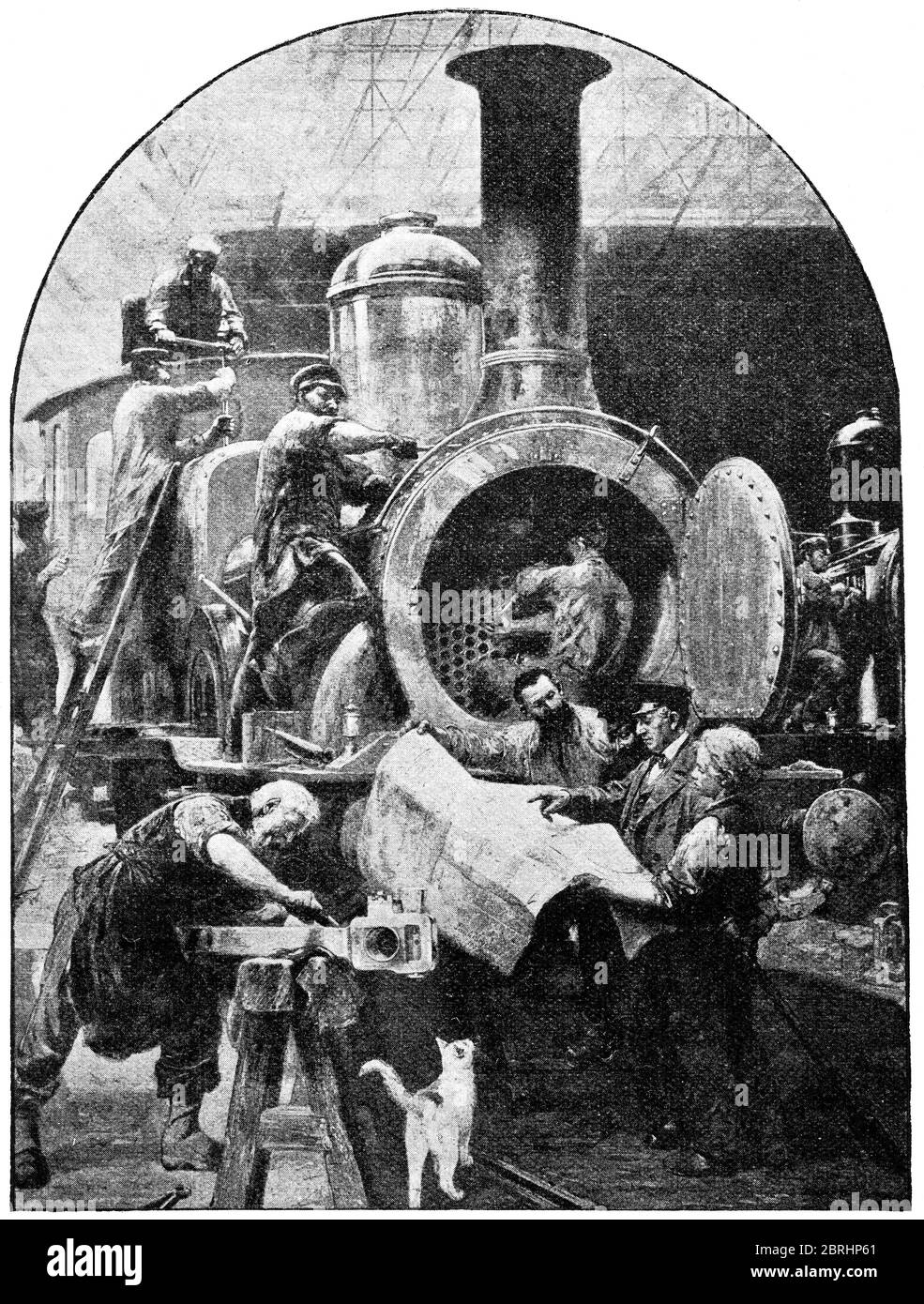 Assemblage final de la locomotive par le peintre allemand Paul Meyerheim. Allemagne. Illustration du XIXe siècle. Fond blanc. Banque D'Images