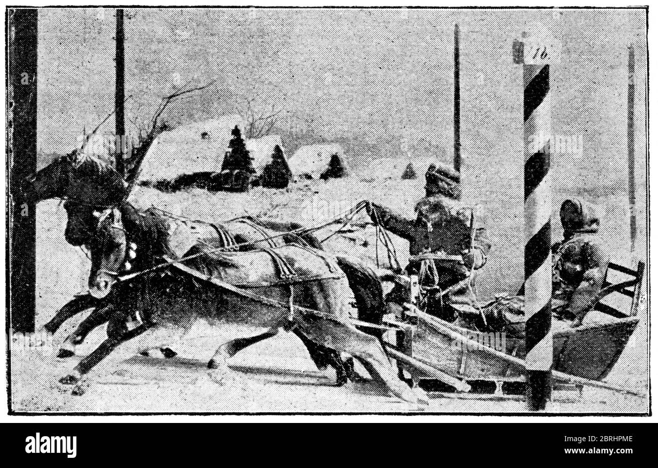 Livraison de courrier en traîneau en Russie. Illustration du XIXe siècle. Fond blanc. Banque D'Images
