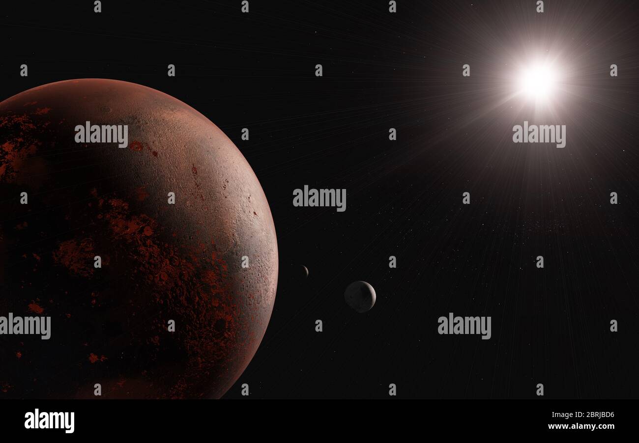 Le rendu 3d coloré représente Mars et ses lunes de système solaire de près. Éléments de cette image fournis par la NASA. Banque D'Images