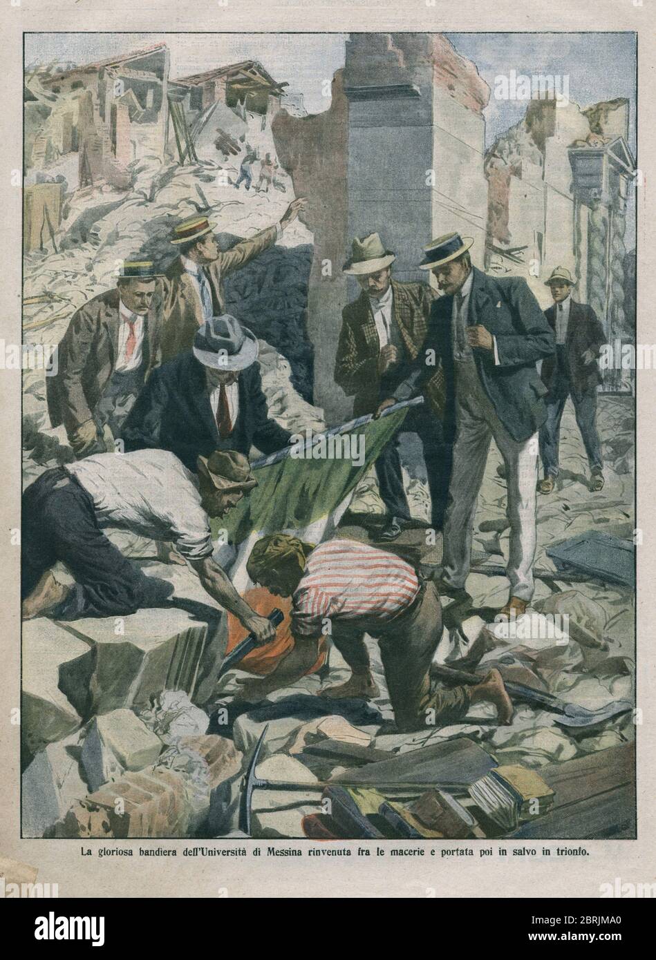 Tremblatement de terre à Messine (Sicile) en 1909. Le drapeau de l'Université de Messine rebouvé dans les combinés. 'La Domenica del Corriere'. 08/190 Banque D'Images Tremblatement de terre à Messine (Sicile) en 1909. Le drapeau de l'Université de Messine rebouvé dans les combinés. 'La Domenica del Corriere'. 08/190 Banque D'Images