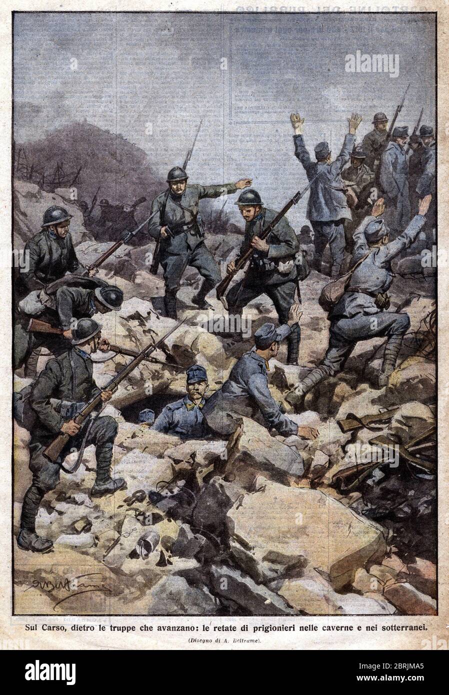 1ère guerre mondiale : front italien sur le plateau du Carso (Trentin) et prisonniers dans les sous-terrains. 'Domenica del Corriere'. 07/1917. Banque D'Images