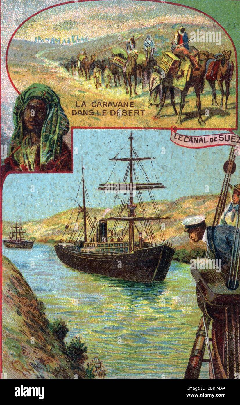 Tourisme de luxe : visites occidentaux a bord d'un bateau de croisiere traversant le canal de Suez vers 1890, Egypte (Tourisme de luxe : tourisme occidental Banque D'Images