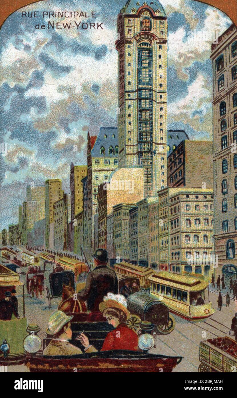 'Circulation des voitures dans Broadway, principale rue de New York (New-York)' (trafic bloqué sur Broadway avenue, Manhattan) Chromographie du 19em Banque D'Images