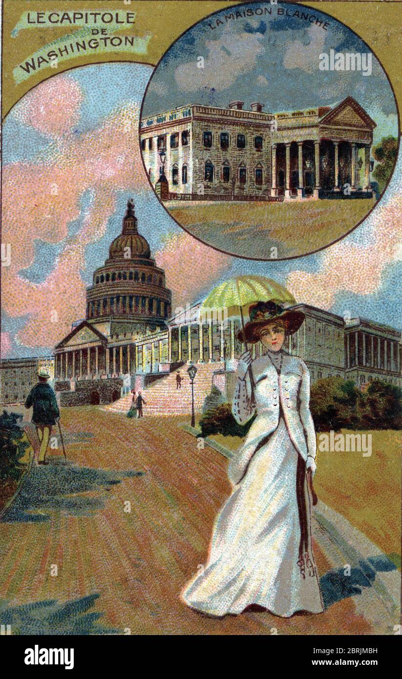 'Jeune americaine elegante, locataire une ombrelle, se pronant devant le Capitole, siège du congrès américain a Washington, Etats Unis' (UNE jeune femme W Banque D'Images