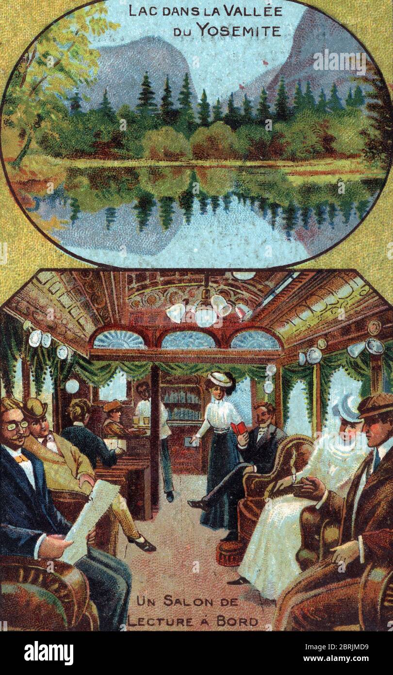 Tourisme de luxe : vie des passants un bord d'eau croisière se distanciant dans le salon de conférence, en haut le lac de la vallée de Yosemite en Califor Banque D'Images