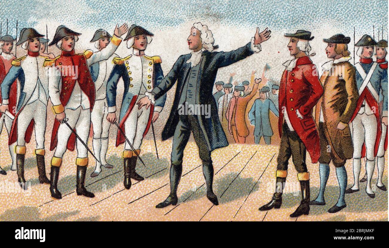 Guerre d'indépendance américaine : 'représentation de l'homme politique américaine George Washington (1732-1799) annonce ses réponses la déclaration Banque D'Images