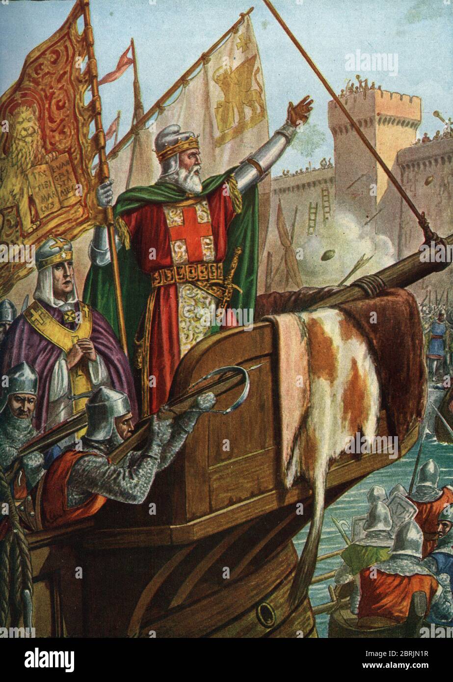 'Quatrieme croisade (1202-1204) : le doge de Venise Enrico Dandolo et la flotte venitienne s'approchant de Constantinople lors du siège de la ville en Banque D'Images
