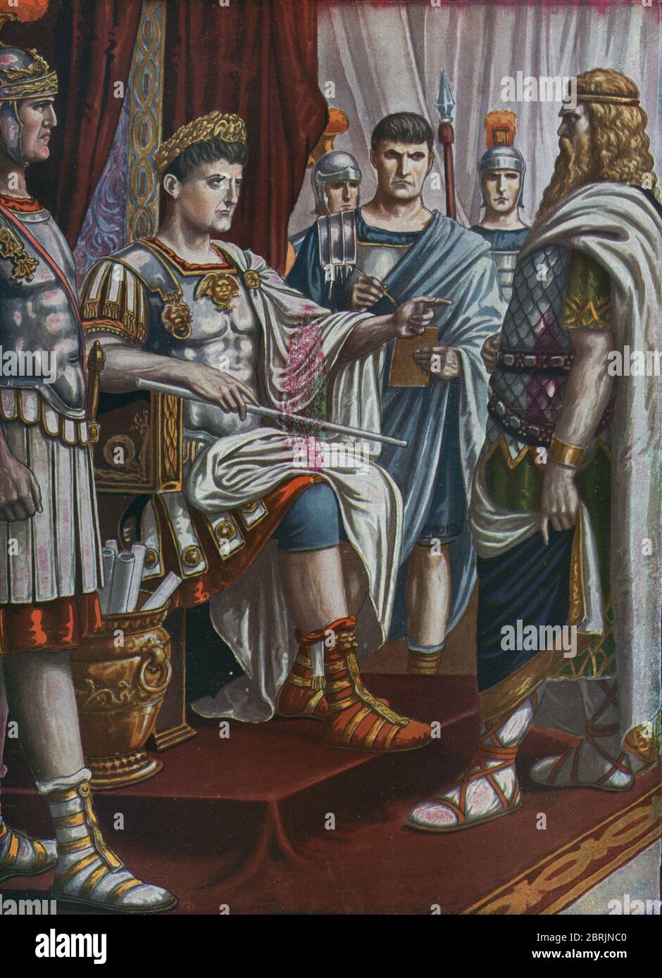 Anite romaine, guérires daciques de Trajan, le roi dace Decebale (Decebal ou Decebalus ou Diurpaneus) dépose les armes aux pieds de l'empereur roma Banque D'Images