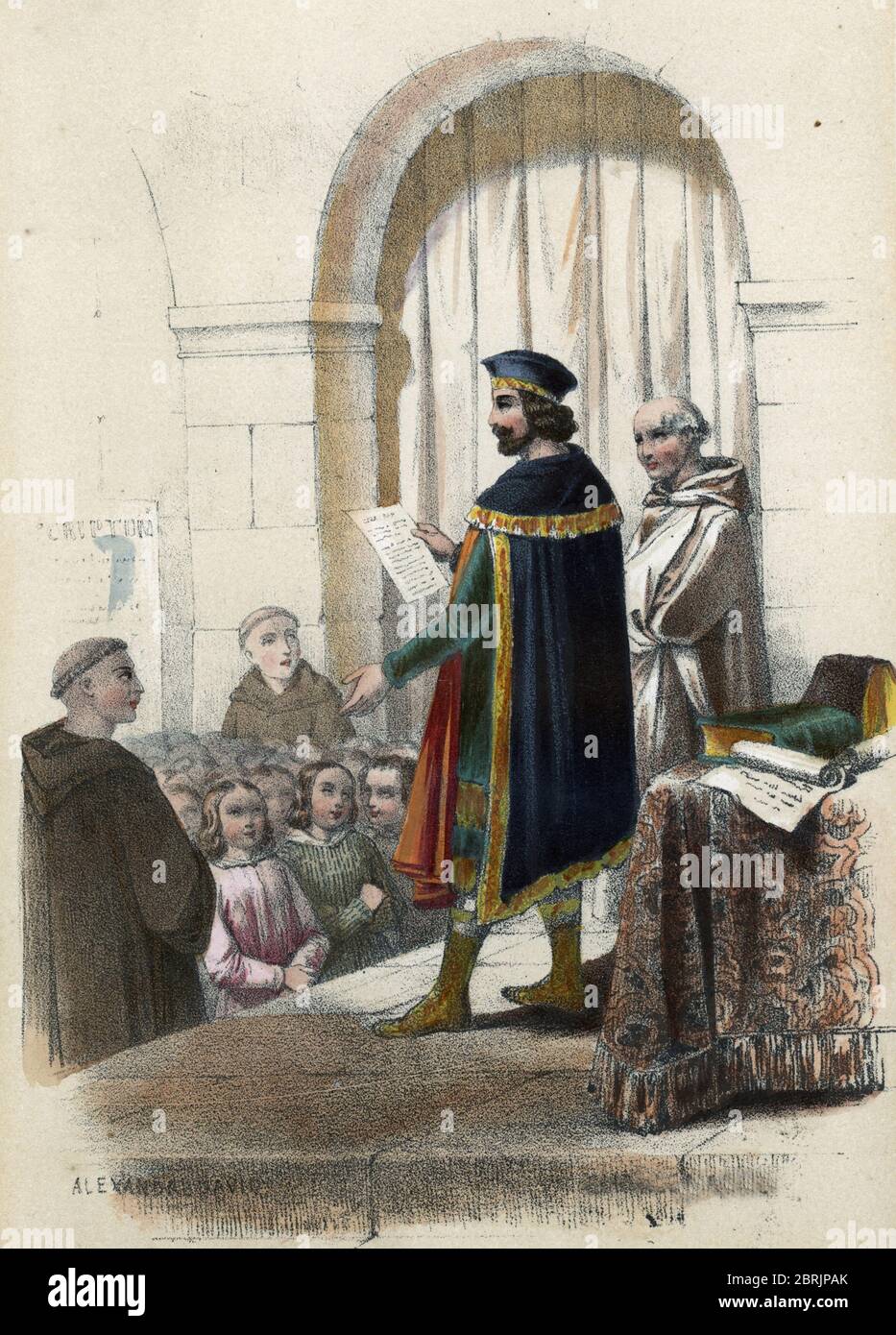 'Représentation de Charlemagne (Charles Ier le Grand) (742-814) devant une foule d'écoliers' (Portrait de l'empereur Charlemagne et du roi de Franks stand Banque D'Images