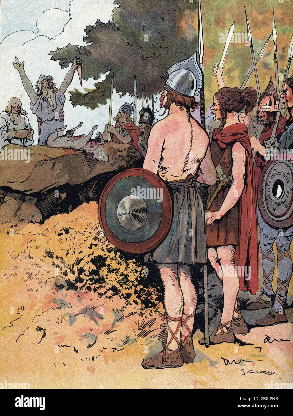'Représentation de Vercingetorix (vers 80-vers 46 avant JC) guerrier et chef gaulois de la tribu des Arvernes assistant avant-fils départ pour la guérilla Banque D'Images