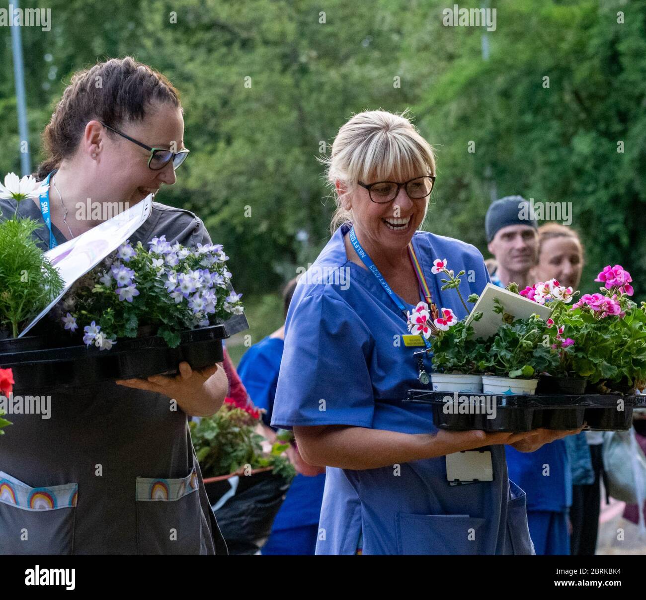 Brentwood Essex 21 mai 2020 Clap for NHS at Brentwood Commentiity hostial, actuellement une installation de Covid. Les résidents locaux avaient acheté plus de 120 plantes pour le personnel de leurs jardins. Un autre résident de la route avait fait des exfoliations « super héros » pour le personnel dont certains sont photographiés personnel du NHS avec des usines de résidents locaux crédit: Ian Davidson/Alay Live News Banque D'Images