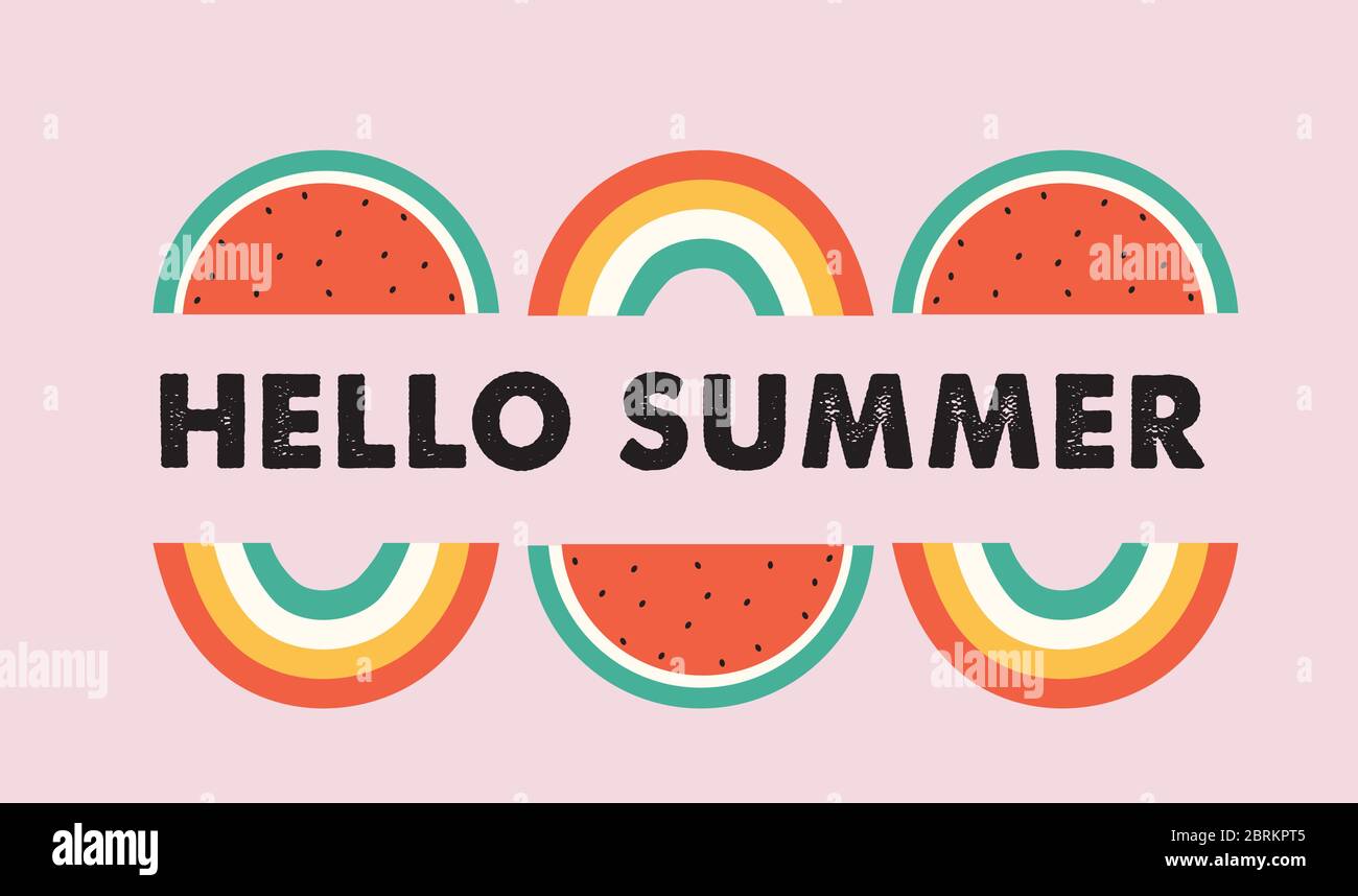 Bonjour été, bannière avec pastèque et arcs-en-ciel. Illustration vectorielle Illustration de Vecteur