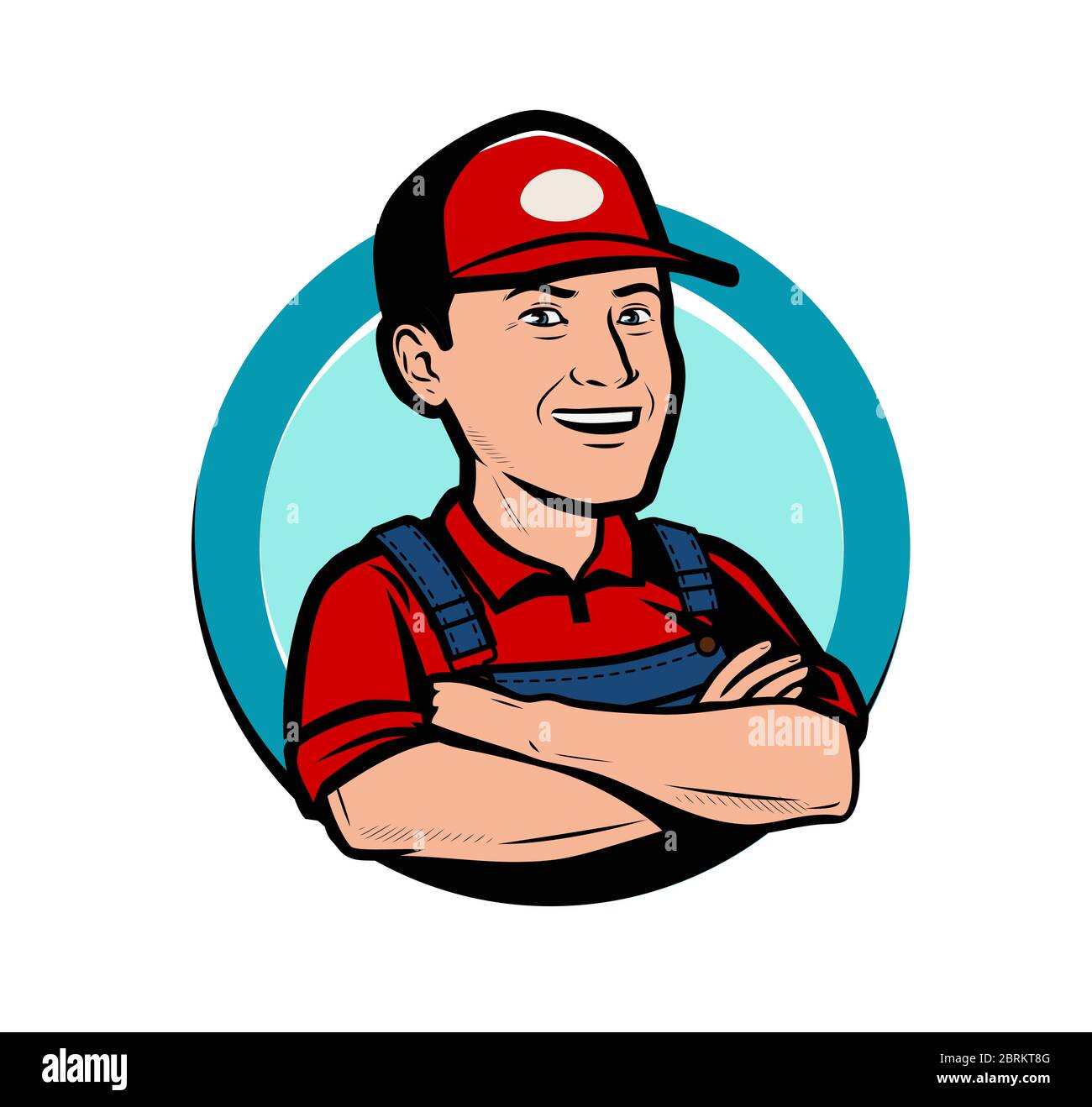 Logo ou étiquette de service. Illustration vectorielle de dessin animé Happy Worker Illustration de Vecteur