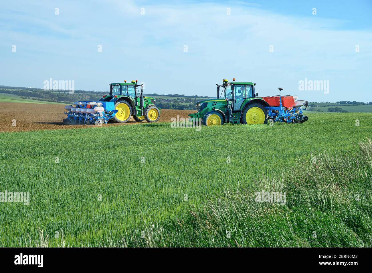 Deux tracteurs semis de récolte sur le champ de grain, ciel bleu Banque D'Images