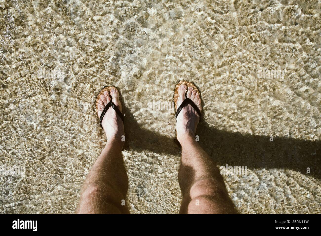 Vue de dessus des jambes de sexe masculin debout dans l'eau de mer claire  avec une paire de tongs sur les pieds. Les jambes d'un touriste, voyageur  sur la plage d'été vacances