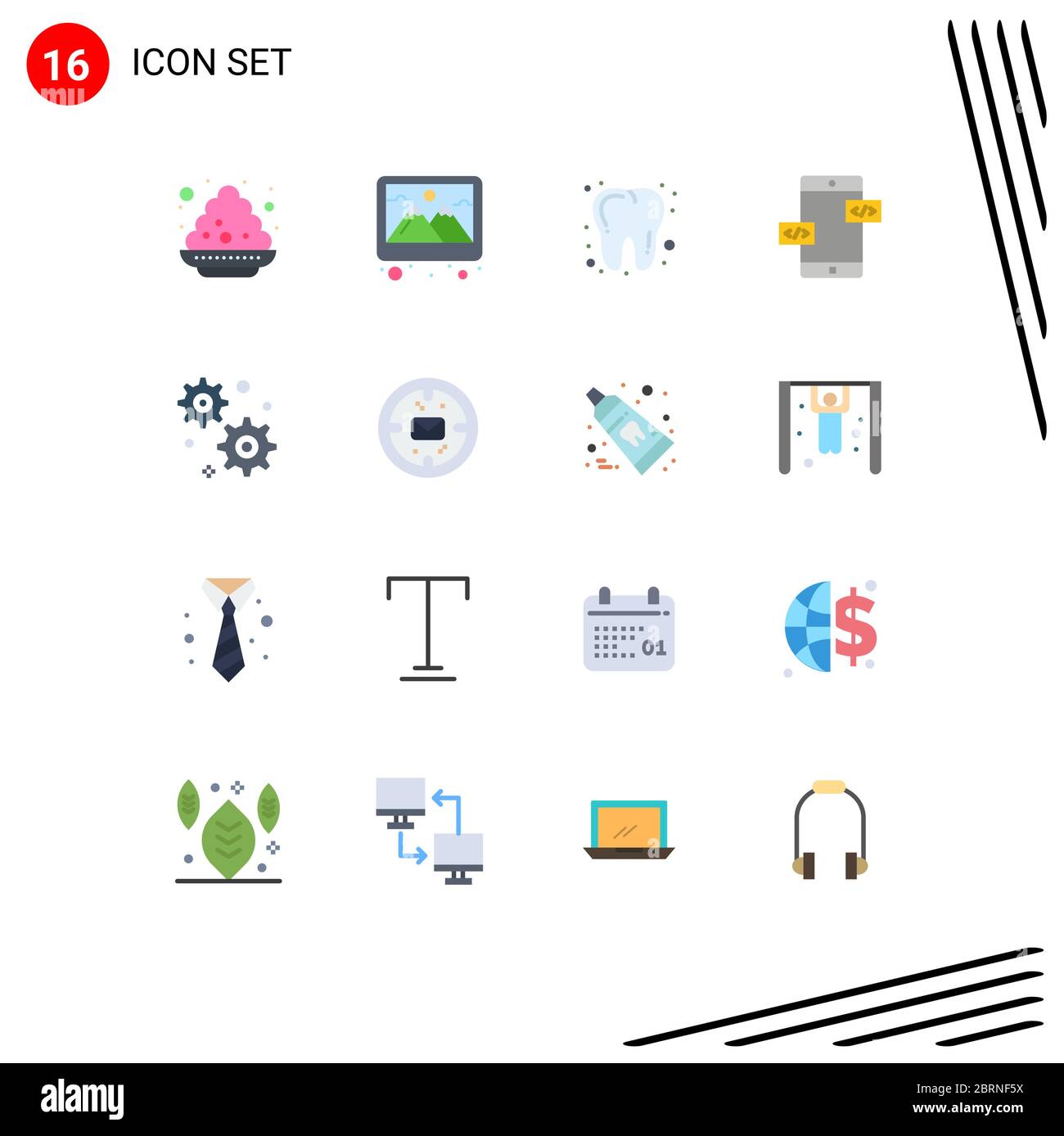 Universal Icon Symbols Group of 16 Modern Flat Colors of business, Gear setting, Dental, mobile, flèches Editable Pack of Creative Vector Design elemen Illustration de Vecteur