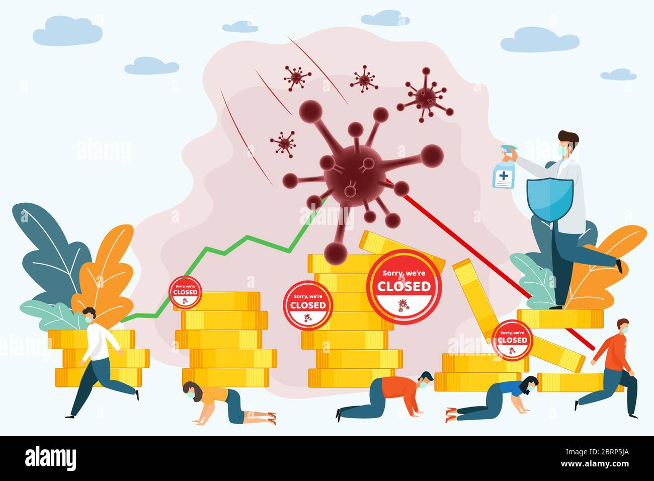 Concept de crise financière. L'impact du coronavirus sur la bourse et l'économie mondiale. Le virus Covid-19 arrive sur le marché. Les actions tombent. Marché Illustration de Vecteur