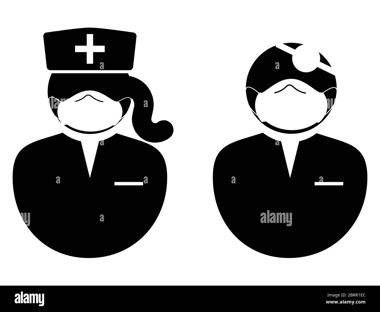 Médecin et infirmière avec icône masque. Icône de pictogramme d'illustration noir et blanc représentant un médecin et une infirmière féminine avec un masque d'EPI. Vecteur EPS Illustration de Vecteur