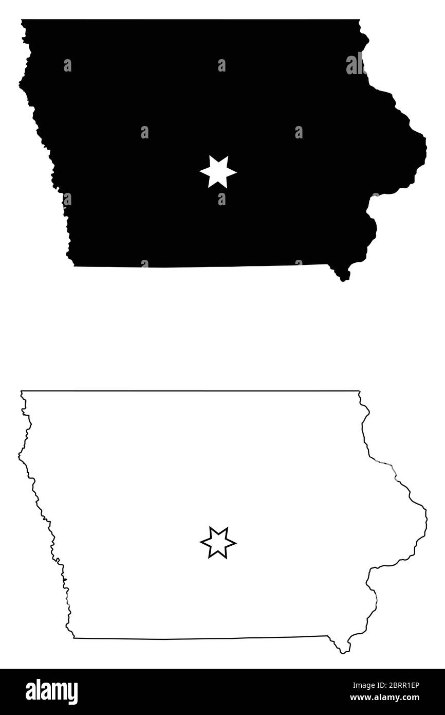 Iowa IA State Map USA avec Capital City Star à des Moines. Silhouette et contour noirs isolés sur fond blanc. Vecteur EPS Illustration de Vecteur