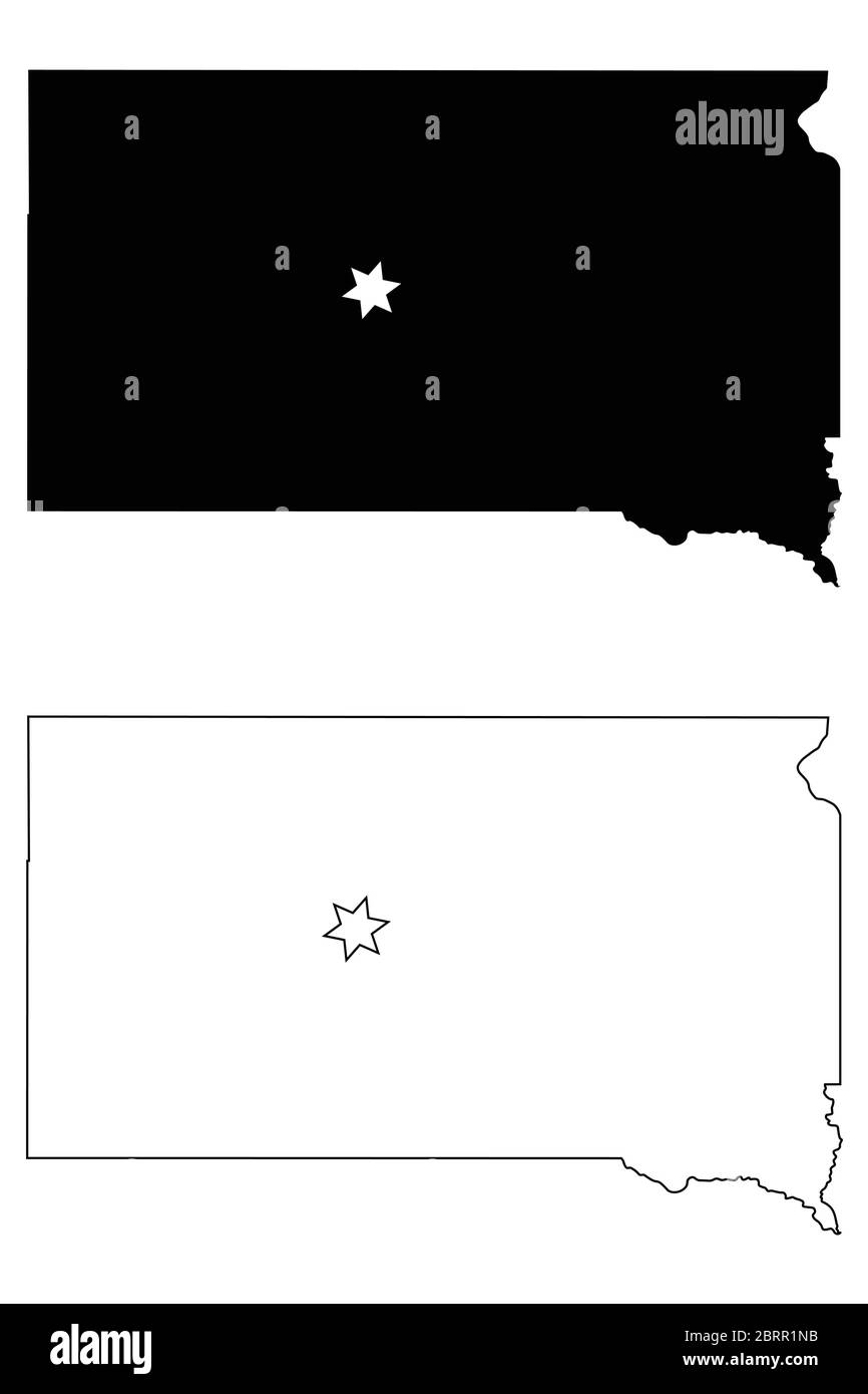 Dakota du Sud SD carte de l'État des États-Unis avec Capital City Star à Pierre. Silhouette noire et cartes isolées sur fond blanc. Vecteur EPS Illustration de Vecteur