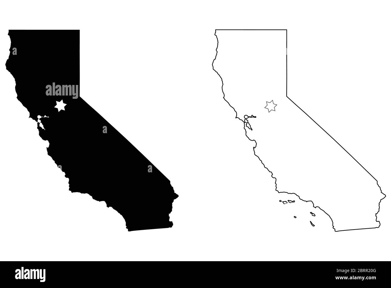 Carte de l'État de Californie des États-Unis avec Capital City Star à Sacramento. Silhouette noire et cartes isolées sur fond blanc. Vecteur EPS Illustration de Vecteur