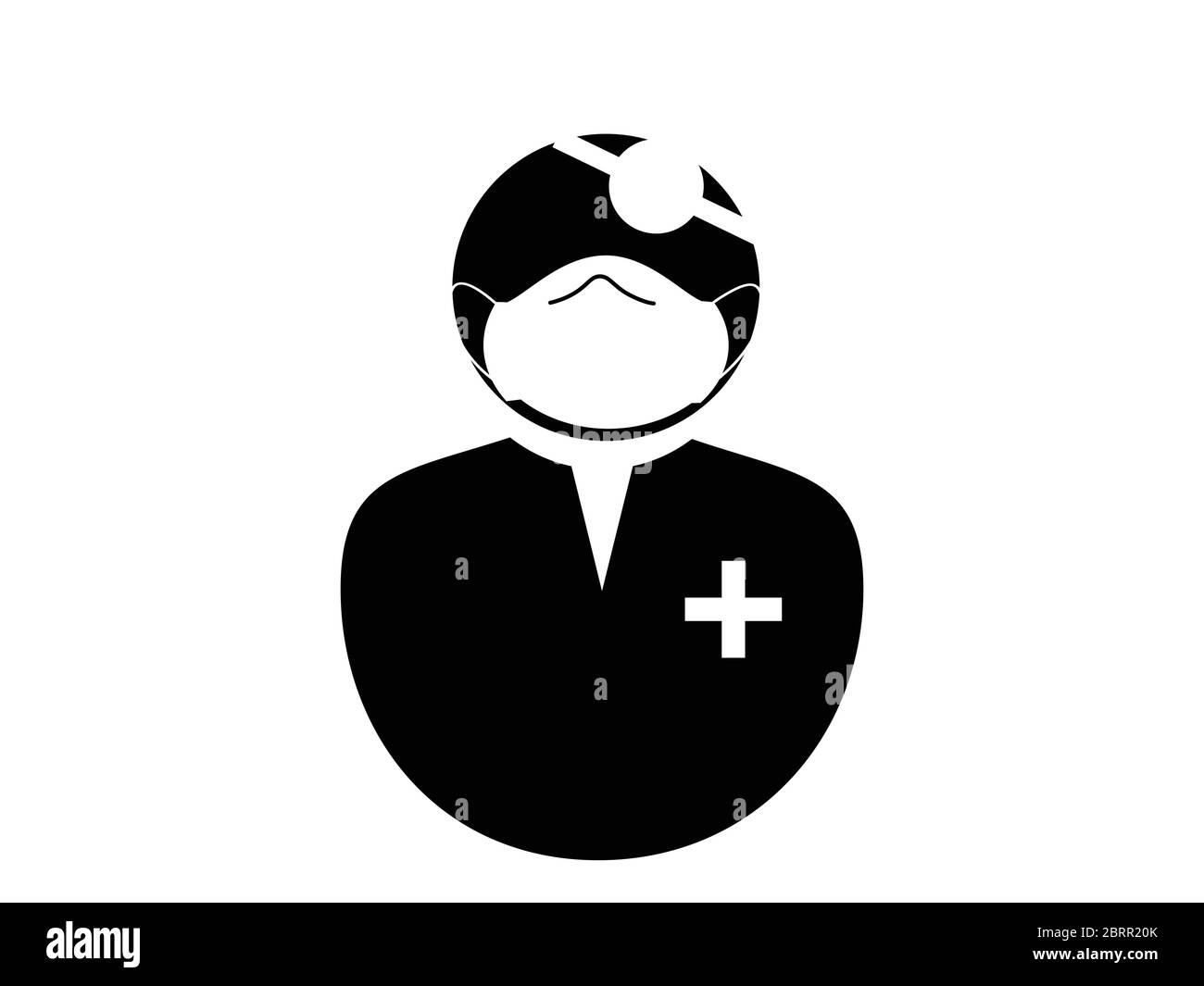 Médecin avec icône masque. Pictogramme d'illustration noir et blanc représentant un médecin avec revêtement facial PPE et miroir de tête. Vecteur EPS Illustration de Vecteur