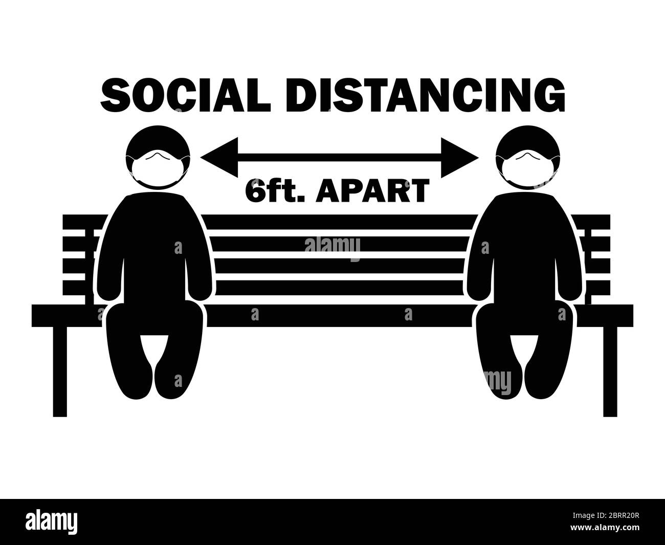 Distance sociale de 6 pieds. Figurine à manche séparé avec masque sur banc. Flèche d'illustration représentant les directives et les règles de distanciation sociale pendant le Covid-19. EP Illustration de Vecteur
