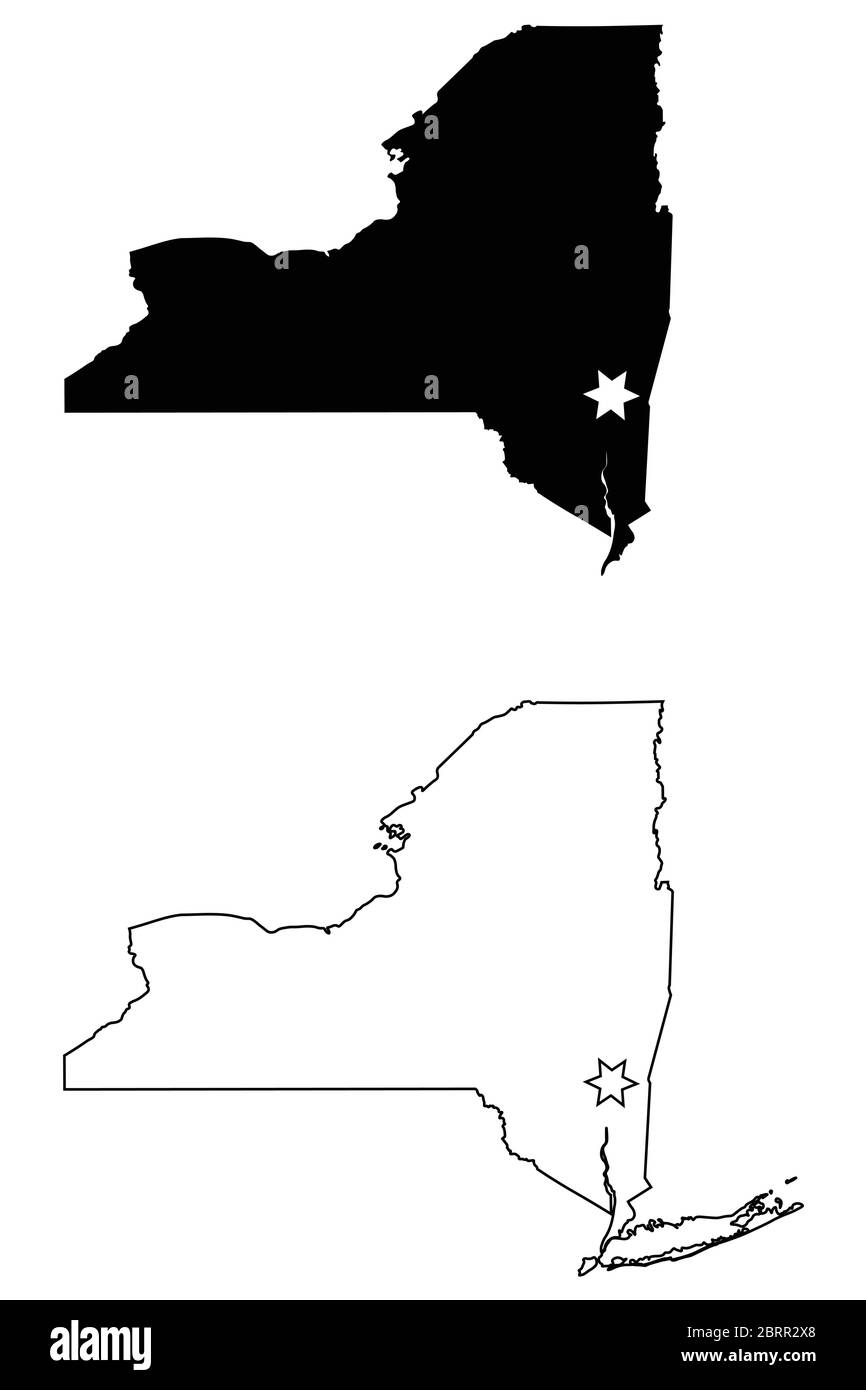 New York NY State Map USA avec Capital City Star à Albany. Silhouette et contour noirs isolés sur fond blanc. Vecteur EPS Illustration de Vecteur